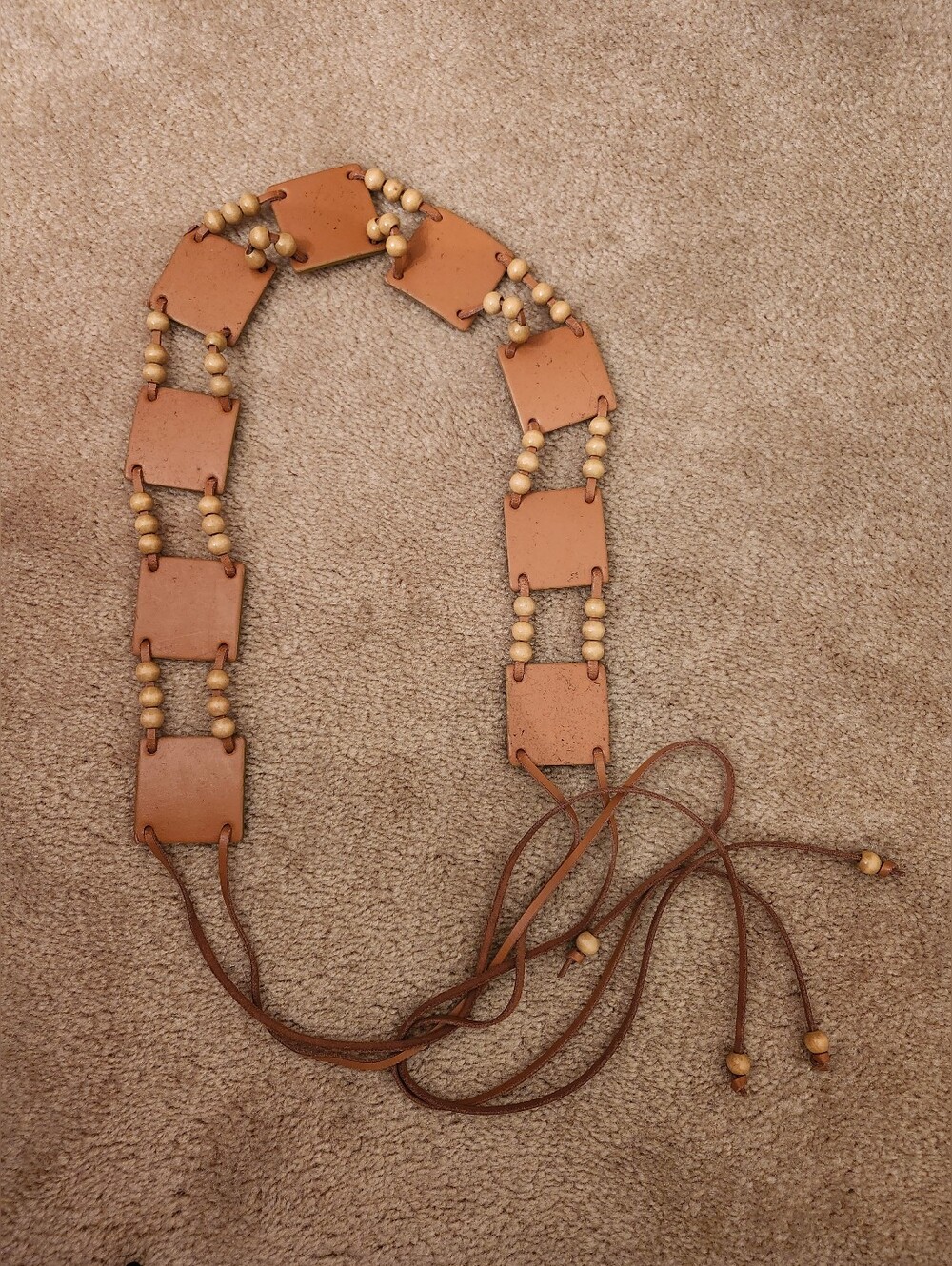 New York & Company Tan Leather and Wood Bead Waist Belt